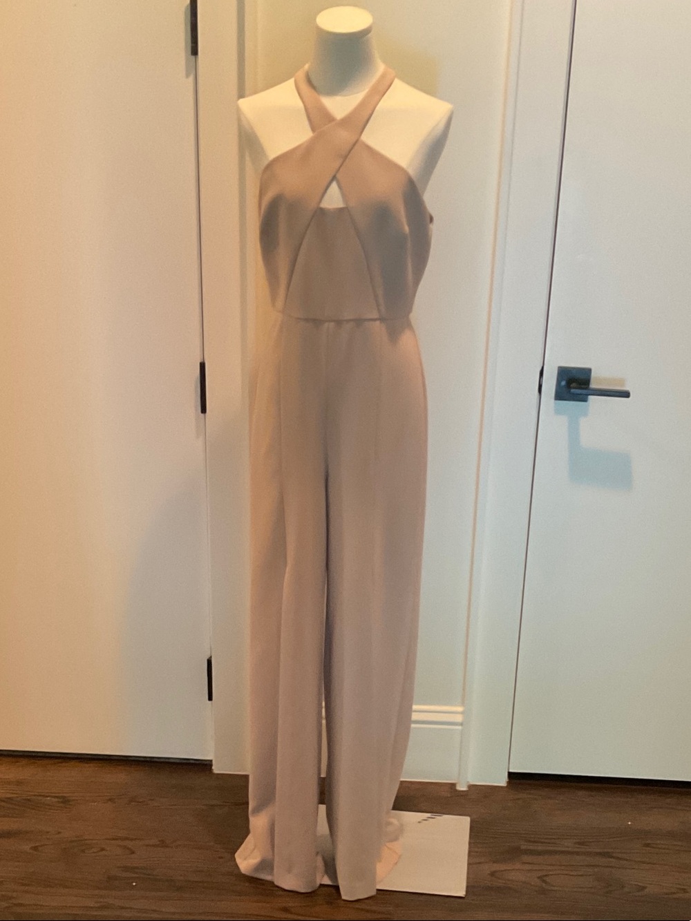BCBGMaxAzria Taupe Halter Crossover Wide-Leg Jumpsuit